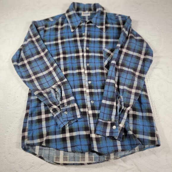 Vtg men's shirt long sleeve cotton‎ flannel medium blue 4" hole in right armpit - Picture 2 of 16